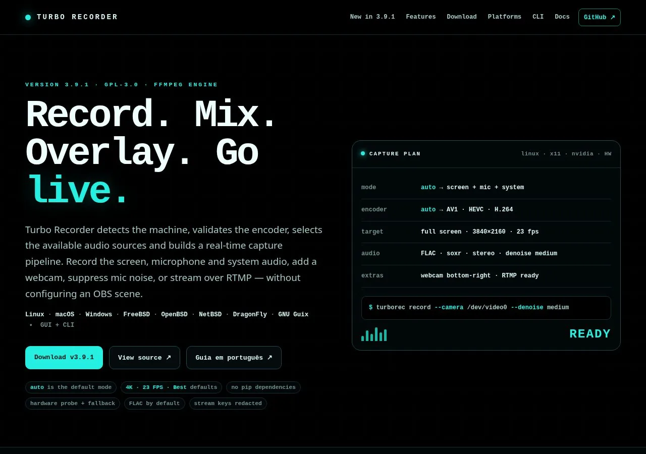 Captura de tela de Turbo Recorder: gravação e transmissão multiplataforma